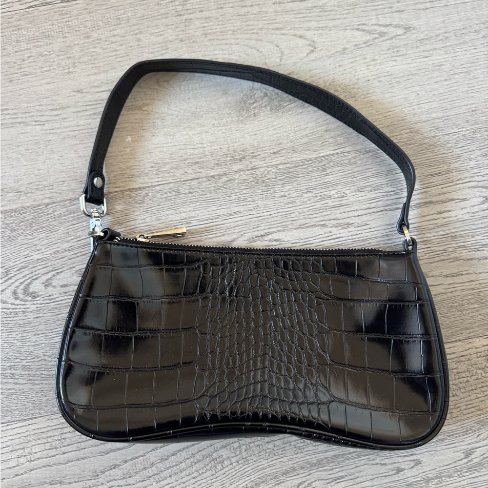 JW PEI Glossy Black Croc Shoulder Bag